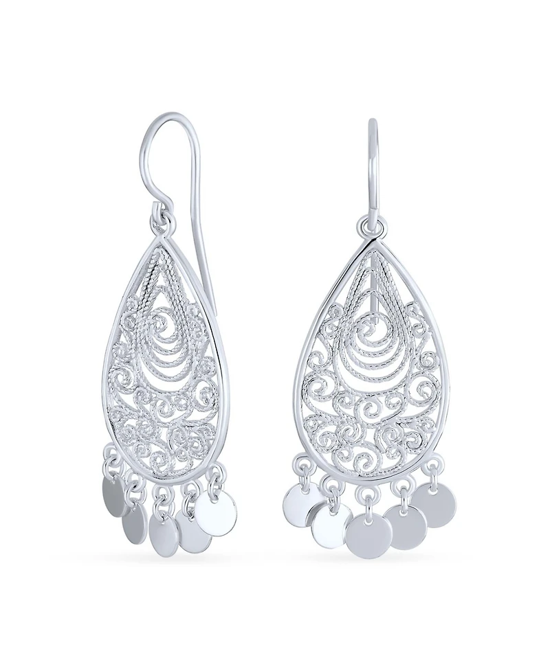 Bling Jewelry Moroccan Fashion Tear Shape Dangling Coins Statement Chandelier Earrings Sterling Silver