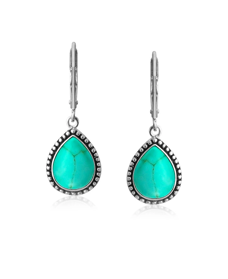 Bling Jewelry Boho Western Style Milgrain Setting Natural Lapis Turquoise Jade Onyx Quartz Pear Shaped Teardrop Dangle Drop Earrings Oxidized .925 Ste