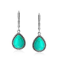 Bling Jewelry Boho Western Style Milgrain Setting Natural Lapis Turquoise Jade Onyx Quartz Pear Shaped Teardrop Dangle Drop Earrings Oxidized .925 Ste