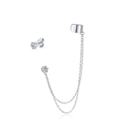 Bling Jewelry Geometric Cartilage Plain Band With Two Chains Ear Warp Cuff Cz Cubic Zirconia Stud Ear Lobe Earring Rose Gold Plated Sterling Silver