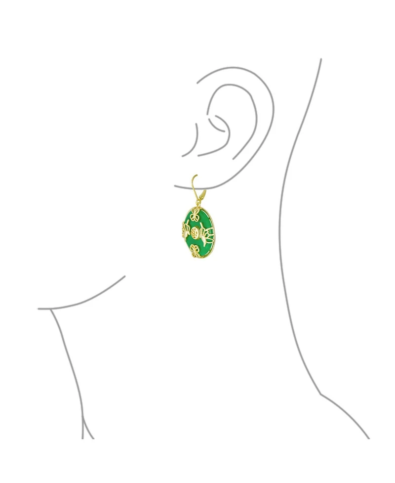 Bling Jewelry Asian Style Dangle Circle Round Donut Good Fortune Light Green Natural Jade Butterfly Disc Drop Statement Earrings 14K Gold Overlay Ster