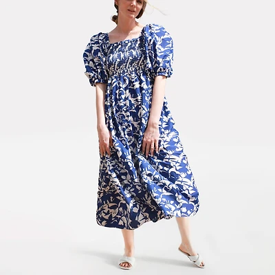 Jessie Zhao New York Animal World Smocked Cotton Silk Dress