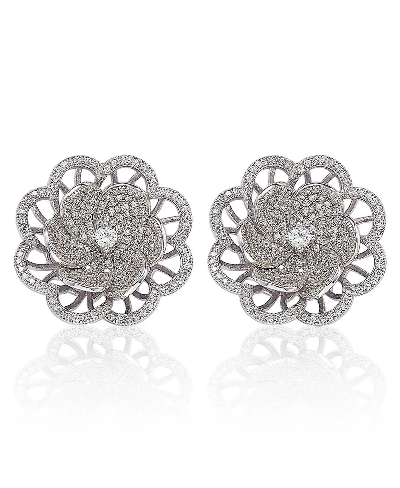 Suzy Levian Sterling Silver Cubic Zirconia Large Pave Flower Stud Earrings