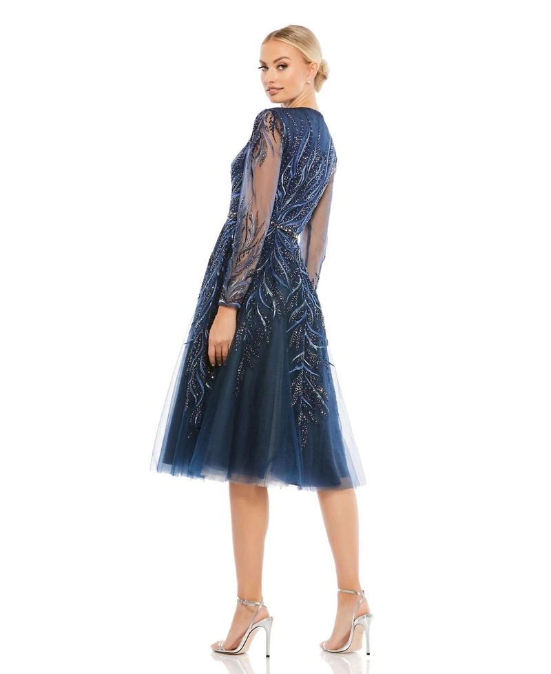 Women's Embellished Tea-Length Illusion Cocktail Dress