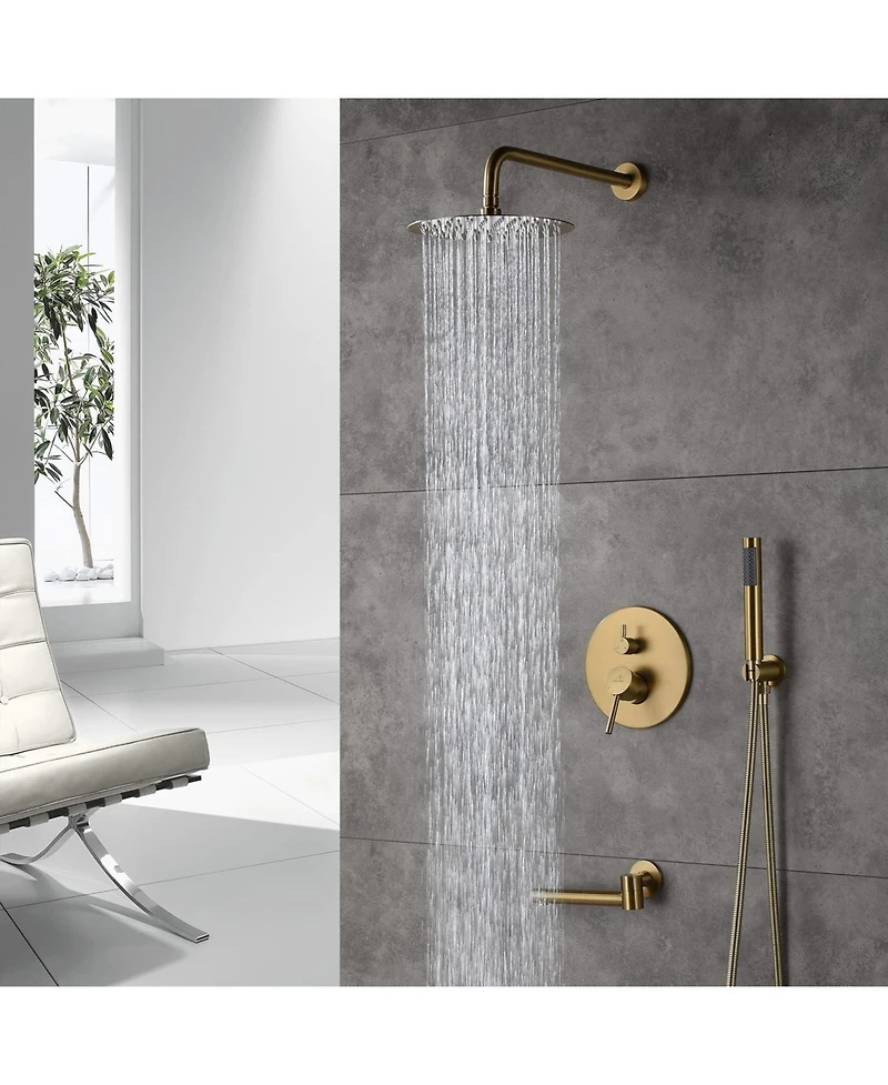 Casainc 10 Inch Wall Mounted Round Shower System Set with Handheld Spray & Rotating Tub Spout