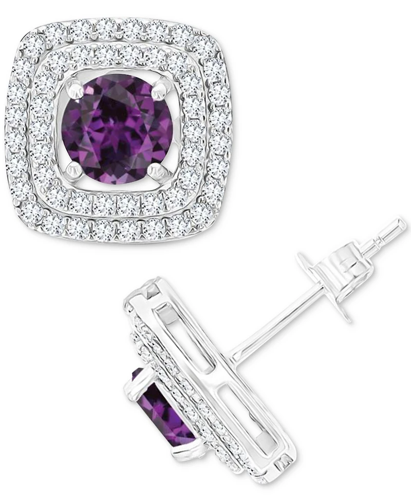 Gemstone & Lab-Grown White Sapphire (5/8 ct. t.w.) Square Halo Birthstone Stud Earrings Sterling Silver