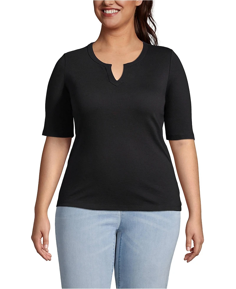 Lands' End Plus Cotton Polyester Modern Half Sleeve Splitneck