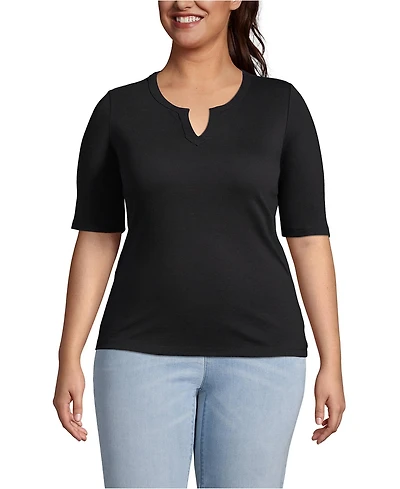 Lands' End Plus Cotton Polyester Modern Half Sleeve Splitneck