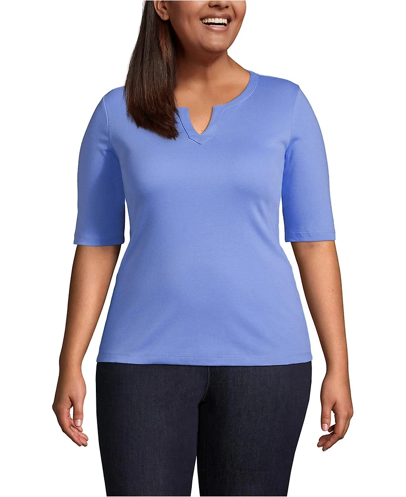 Lands' End Plus Size Cotton Polyester Modern Half Sleeve Splitneck