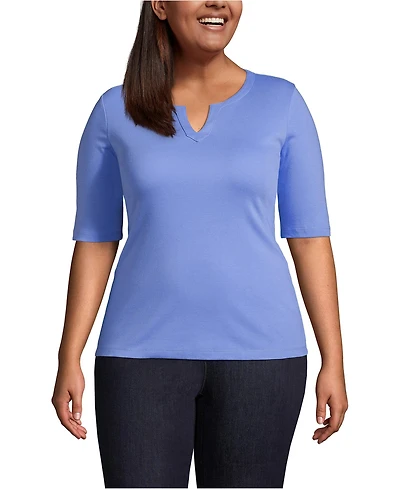 Lands' End Plus Size Cotton Polyester Modern Half Sleeve Splitneck