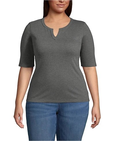 Lands' End Plus Cotton Polyester Modern Half Sleeve Splitneck