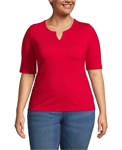 Lands' End Plus Cotton Polyester Modern Half Sleeve Splitneck