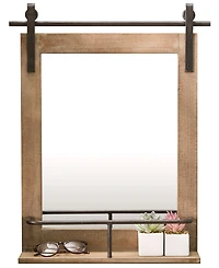 Danya B Rustic Industrial Wood-Framed Wall Mount Barn Door Vanity Mirror with Shelf and Iron Hardware