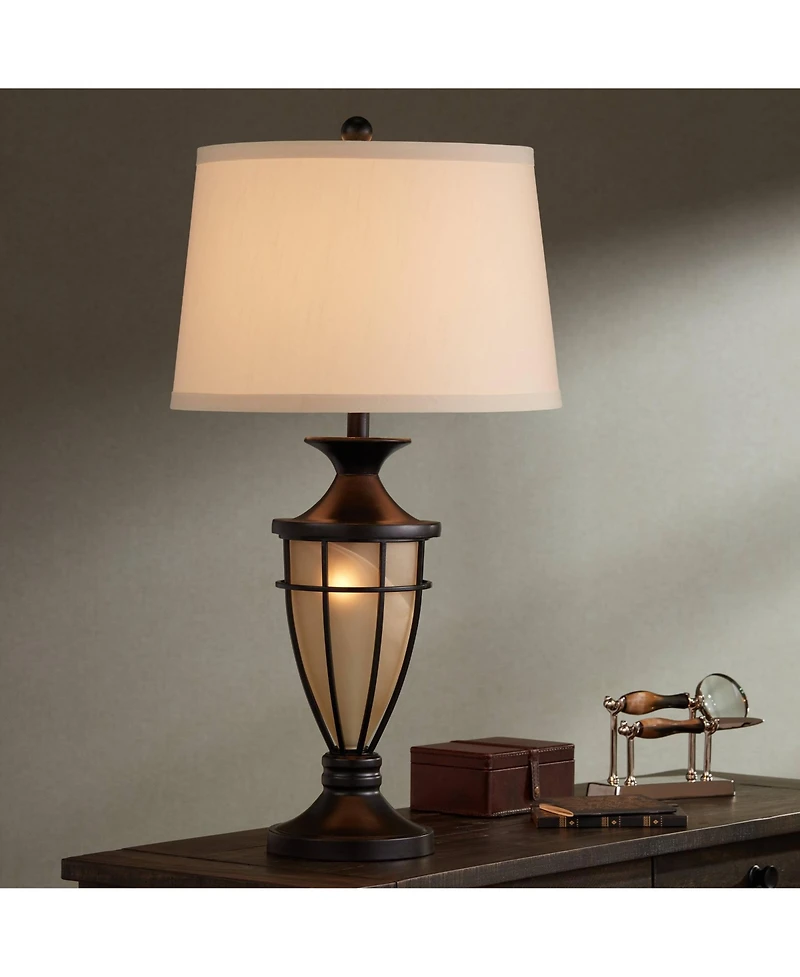 John Timberland Mission Table Lamp with Nightlight 33" Tall Champagne Glass Brushed Iron Cage Beige Fabric Shade for Living Room Family