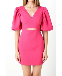 endless rose Women's Puff Sleeve Cut Out Mini Dress