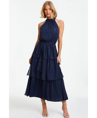 Quiz Women's Chiffon Metallic High Neck Tiered Midi Dress