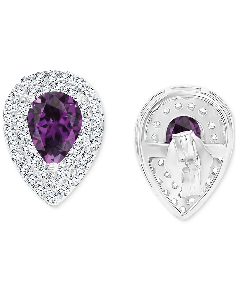 Amethyst (1-1/5 ct. t.w.) & Lab-Grown White Sapphire (1/2 Pear Halo Birthstone Stud Earrings Sterling Silver (Also Additional Birthsto