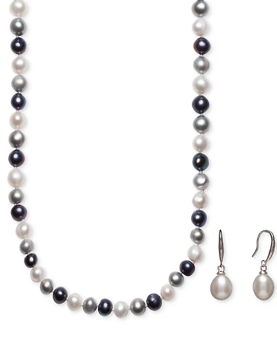 Cultured Freshwater Pearl Necklace (7-7 1/2mm) and Drop Earrings (7x9mm) Set Sterling Silver