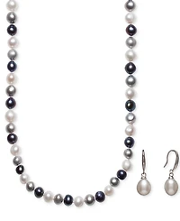 Cultured Freshwater Pearl Necklace (7-7 1/2mm) and Drop Earrings (7x9mm) Set Sterling Silver