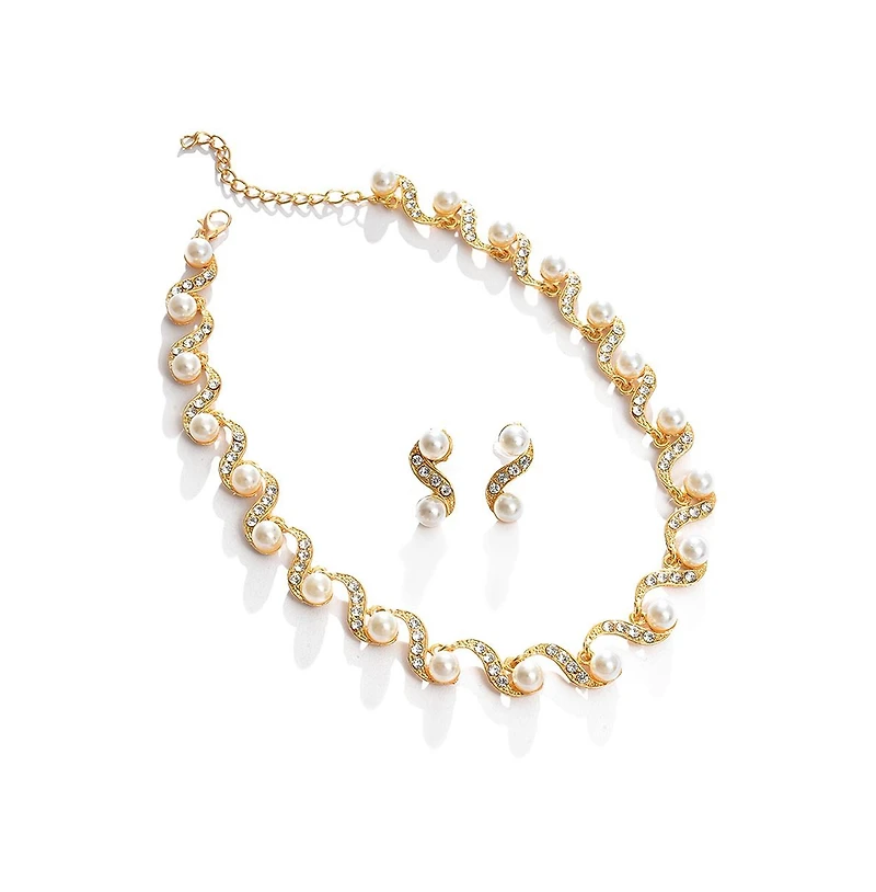 Sohi Women's Gold Pearl Swirl Necklace And Earrings (7-8 mm) (Set Of 2)
