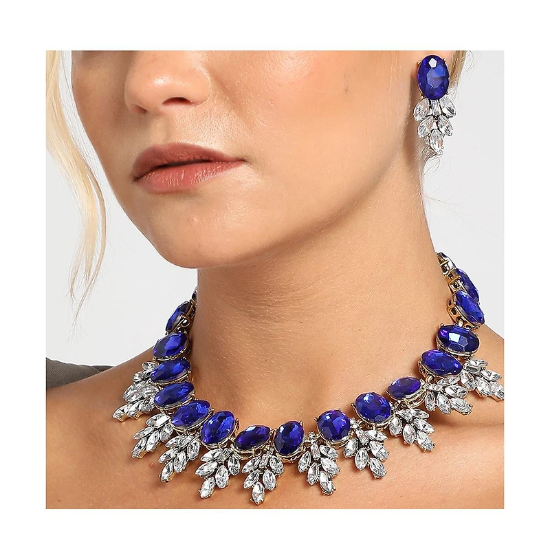 Sohi Women's Blue Stone Leaf Cluster Necklace And Earrings (Set Of 2)