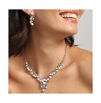 Sohi Women's White Pearl Cluster Necklace And Earrings (7-8 mm) (Set Of 2)