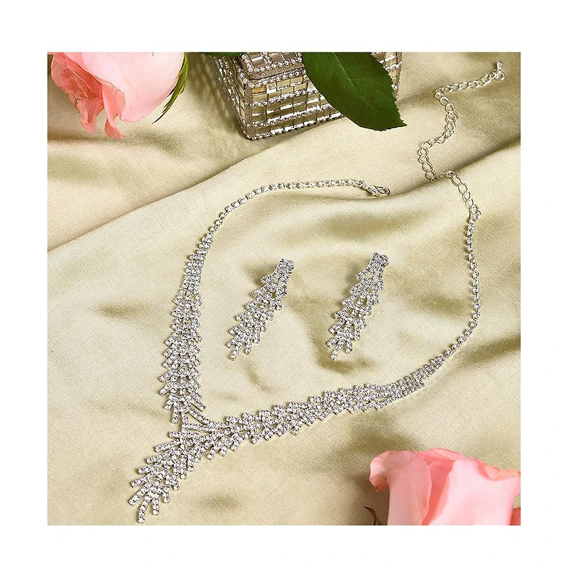 Sohi Women's Silver Bling Cluster Necklace And Earrings (Set Of 2)