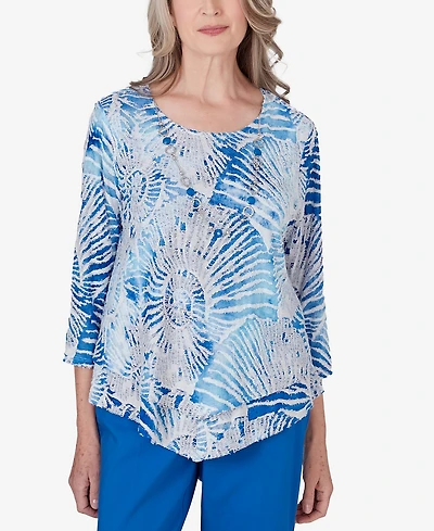 Alfred Dunner Women's Neptune Beach Seashell Embellished Top with Necklace