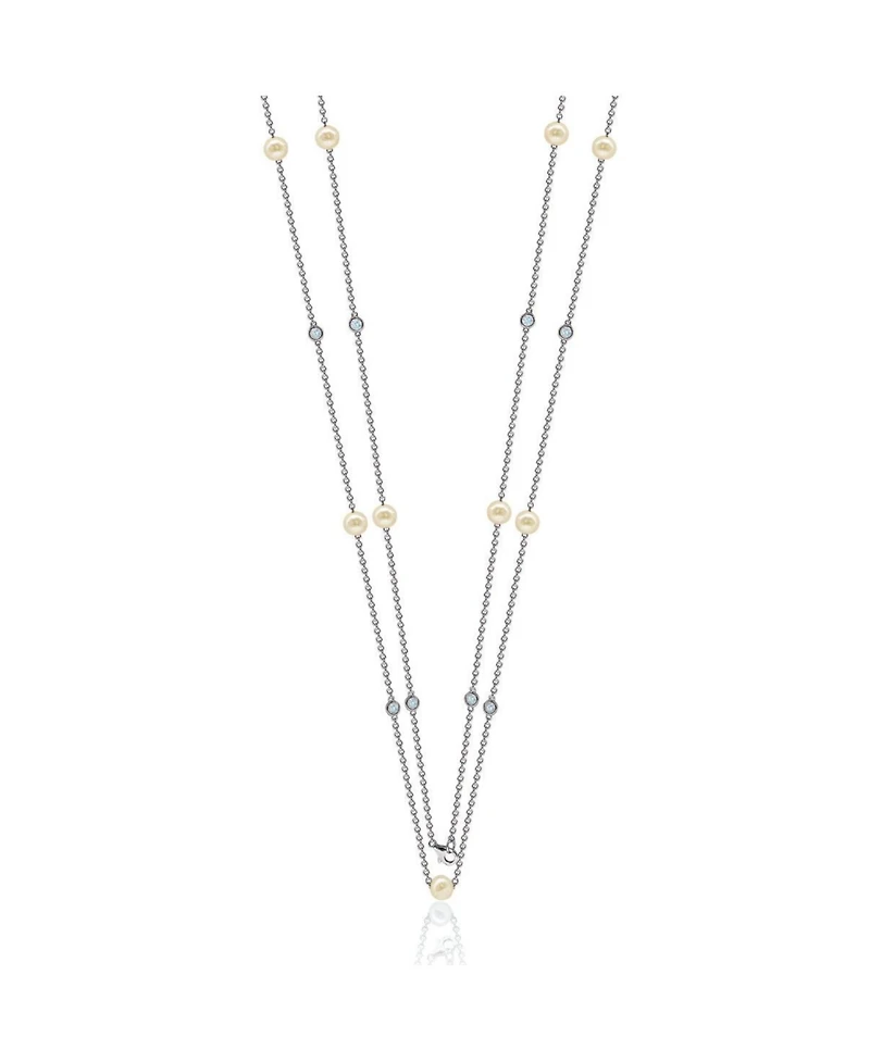 Suzy Levian New York Suzy Levian Sterling Silver Pearl and Cubic Zirconia Station Necklace