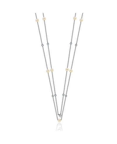 Suzy Levian New York Suzy Levian Sterling Silver Pearl and Cubic Zirconia Station Necklace