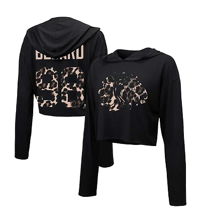 Women's Majestic Threads Connor Bedard Black Chicago Blackhawks Leopard Print Name and Number Cropped Pullover Hoodie