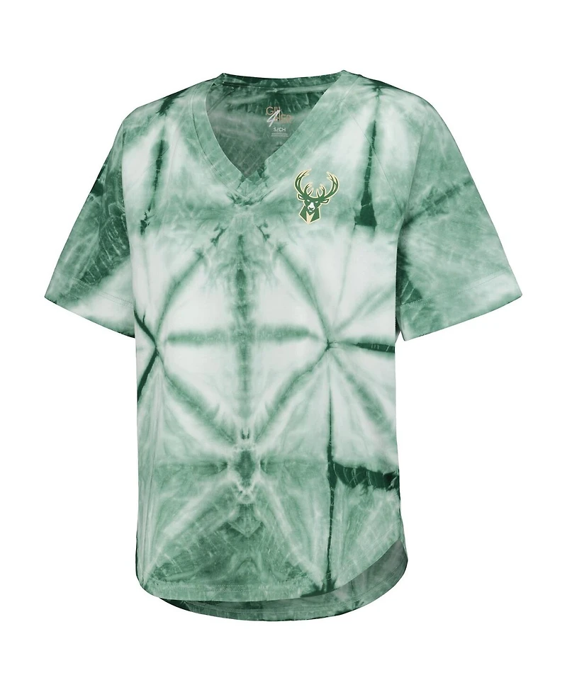 Women's G-iii 4Her by Carl Banks Hunter Green Milwaukee Bucks Tournament Raglan Oversized Tie-Dye V-Neck T-shirt