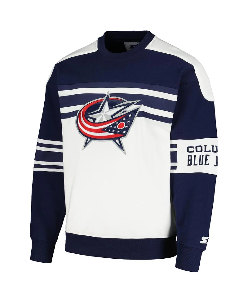 Men's Starter White Columbus Blue Jackets Defense Fleece Crewneck Pullover Sweatshirt