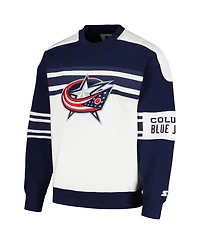Men's Starter White Columbus Blue Jackets Defense Fleece Crewneck Pullover Sweatshirt