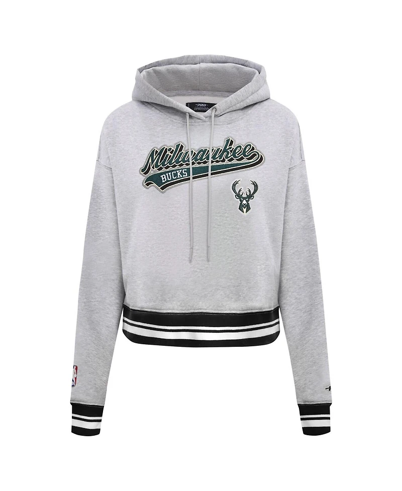 Women's Pro Standard Heather Gray Milwaukee Bucks Script Tail Cropped Pullover Hoodie
