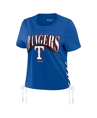 Women's Wear by Erin Andrews Royal Texas Rangers Side Lace-Up Cropped T-shirt