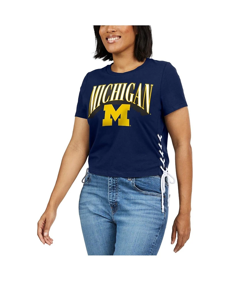Women's Wear by Erin Andrews Navy Michigan Wolverines Side Lace-Up Modest Crop T-shirt