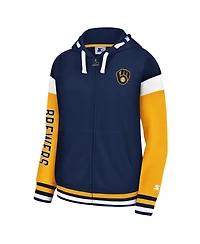 Women's Starter Navy Milwaukee Brewers Homestretch Full-Zip Hoodie