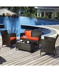 4PCS Rattan Patio Furniture Set Cushioned Sofa Chair Coffee Table