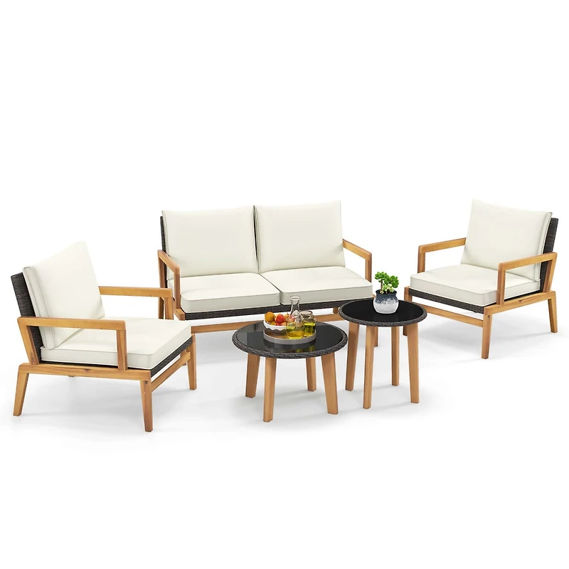 5 Piece Rattan Furniture Set Wicker Woven Sofa Set with Solid Acacia Wood Frame
