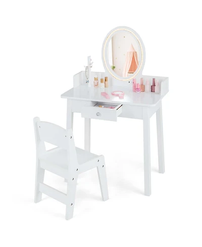 Kids Vanity Set with Lighted Mirror Chair 2-Color Led Lighting for Girls Makeup