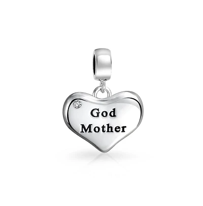 Bling Jewelry White Crystal Accent Bff Word Heart Shape God Mother Dangle Bead Charm Oxidized Sterling Silver Fit European Bracelet