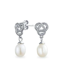 Bling Jewelry Love Knot White Freshwater Cultured Pearl Teardrop Dangle Earrings Prom Sterling Silver
