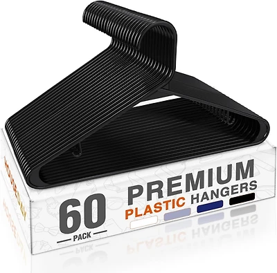 Durable Plastic Hangers Light-Weight with Hooks Black 60 Pack
