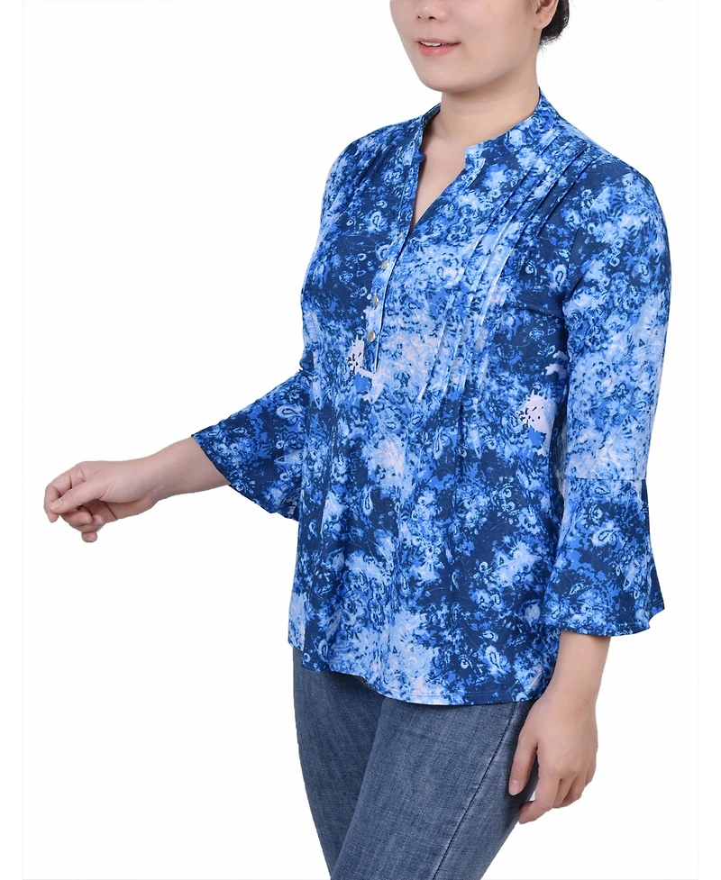 Women's 3/4 Bell Sleeve Pleat Front Y-neck Top