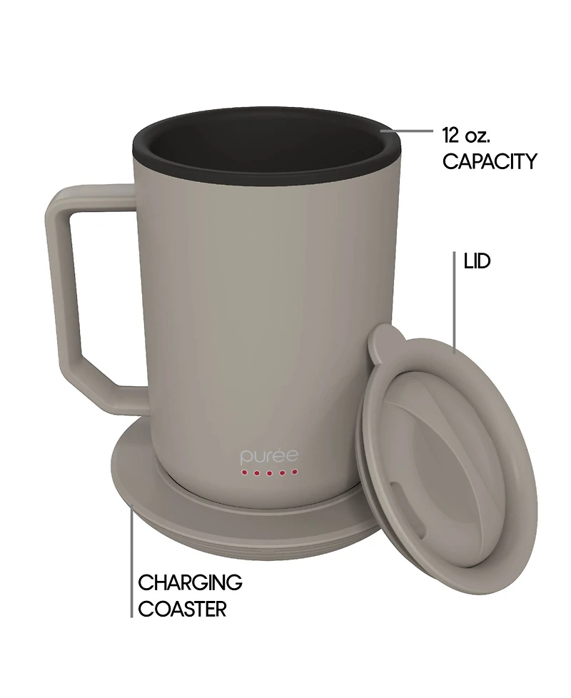 Tzumi Puree Warming Coffee Mug, 12 oz. Stainless Steel Mug with Warmer Coaster and Lid