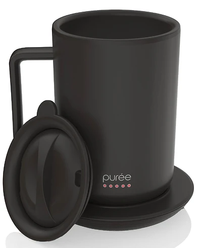 Tzumi Puree Warming Coffee Mug, 12 oz. Stainless Steel Mug with Warmer Coaster and Lid
