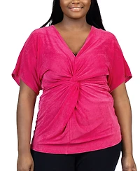 24seven Comfort Apparel Plus Size V Neck Knot Front Kimono Sleeve Top
