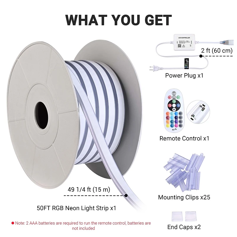 DELight 50 Ft Rgb Neon Led Light Strip Rope Tube Flexible Sign Party Home Decor App Control