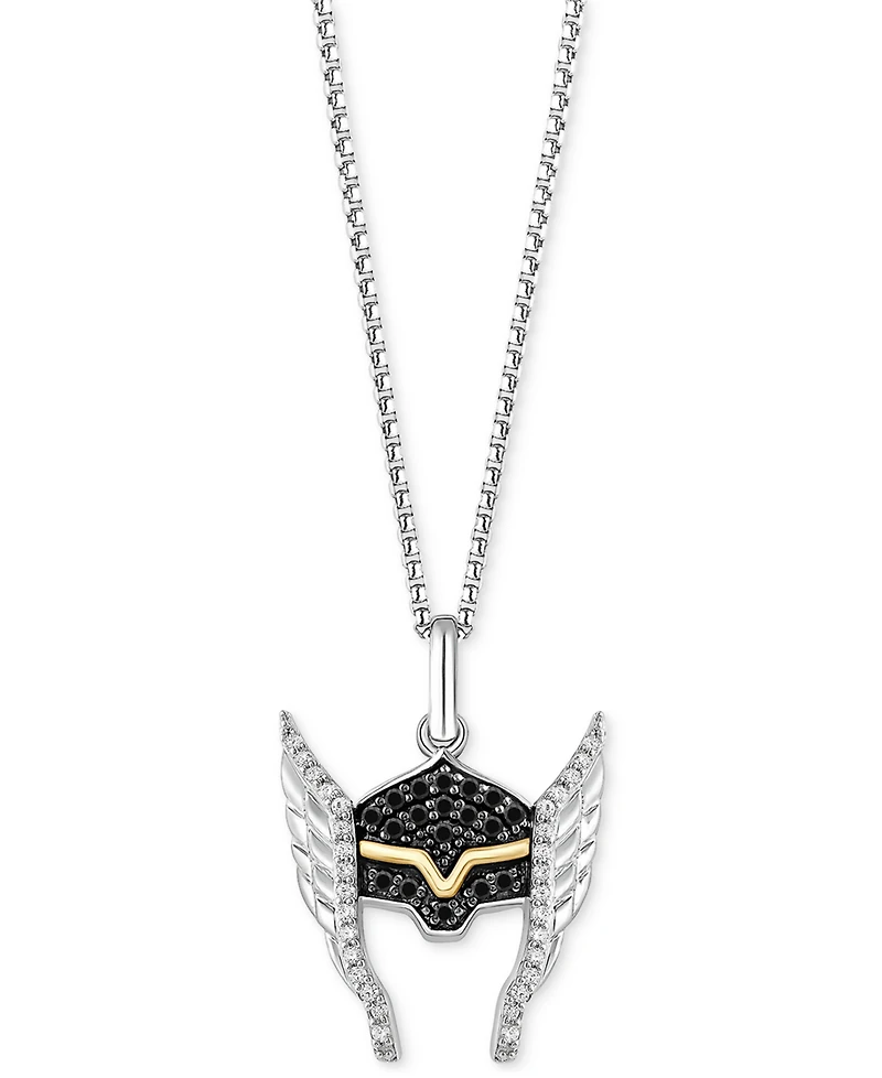 Marvel Wonder Fine Jewelry Black Diamond (1/6 ct. t.w.) & White Diamond (1/10 ct. t.w.) Thor Helmet 18" Pendant Necklace in Sterling Silver & Gold-Pla